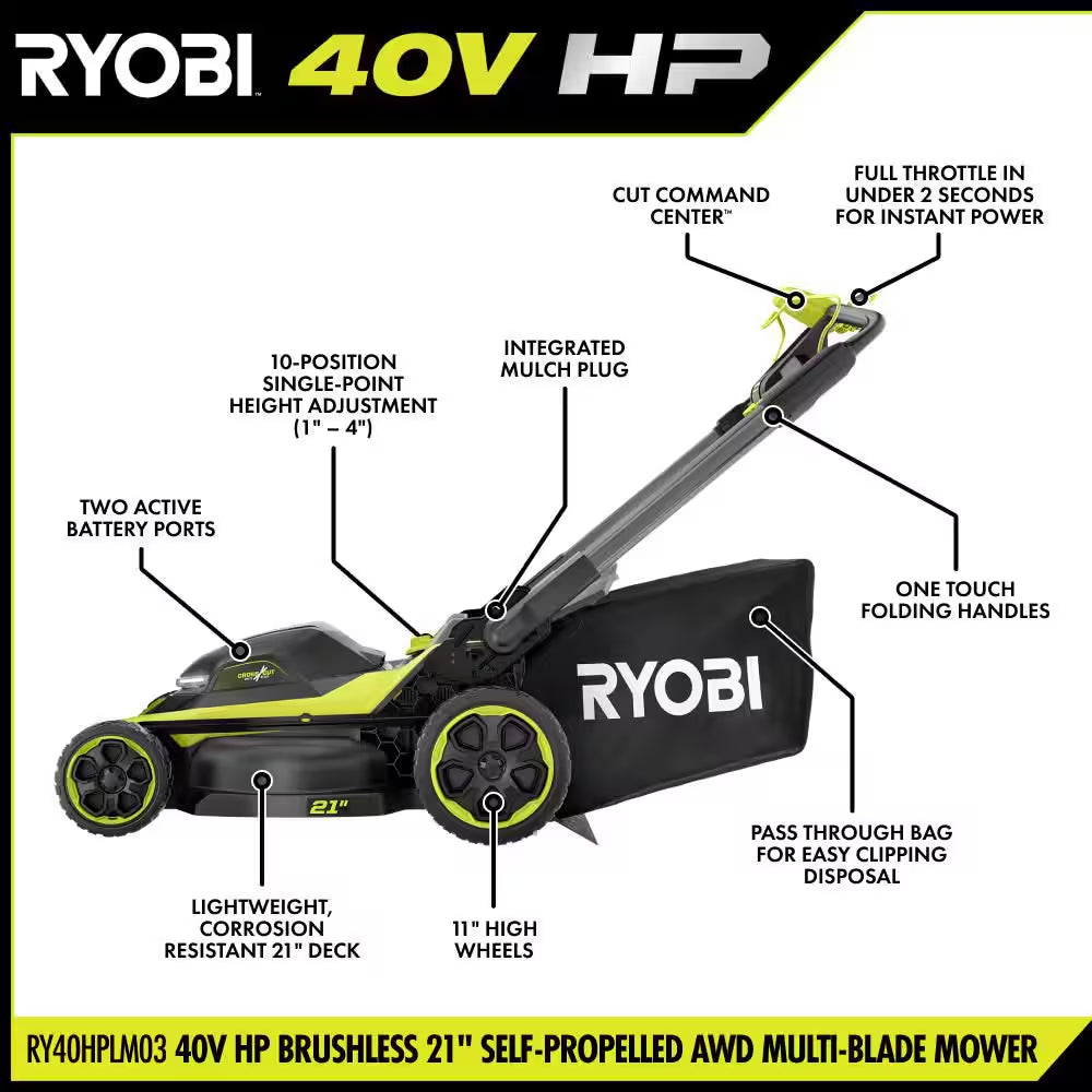 40V HP 21" Brushless Cross Cut Self-Propelled All Wheel Drive Mower W/ 800 CFM Blower, (3) Batteries & (2) Chargers
