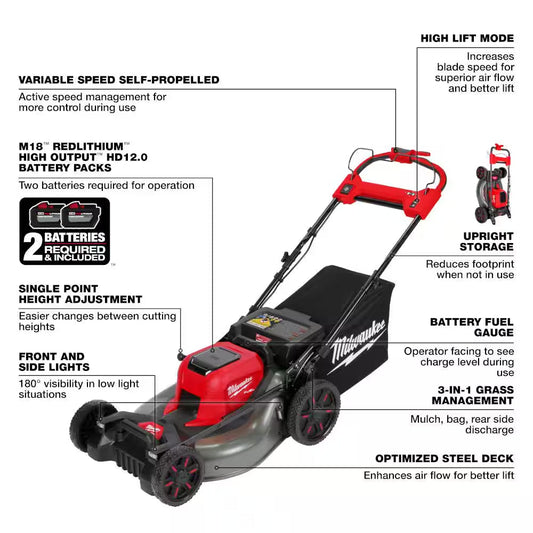 M18 FUEL Brushless Cordless 21 In. Walk behind Self-Propelled Mower with (2) 12Ah Battery, Charger & Dual Battery Blower